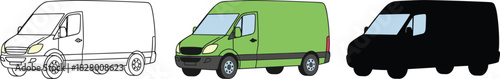 Commercial Delivery Van Side View Icon Set - Outline, Color, and Silhouette Vector