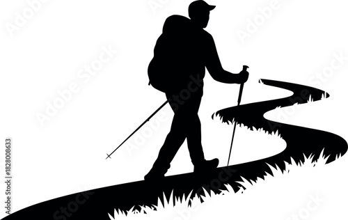 Silhouette of a hiker with a backpack and trekking poles on a winding path