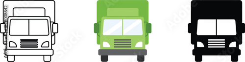 Delivery Van or Box Truck Front View Icon Set - Outline, Color, and Silhouette Vector