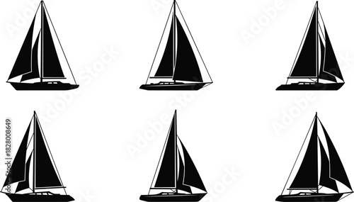 Various sailboat silhouettes are arranged on an, showcasing different angles and perspectives of these sailing vessels in a simple design