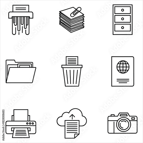 Business, technology, and document management outline icon set isolated on white background, Vector