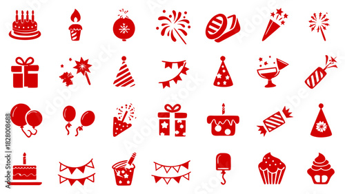 Birthday-themed icon set, red festival, holidays vector symbol collection
