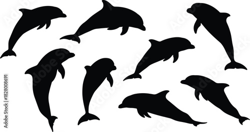 A captivating silhouette of a playful dolphin pod, gracefully leaping and swimming in unison, , creating a mesmerizing marine scene