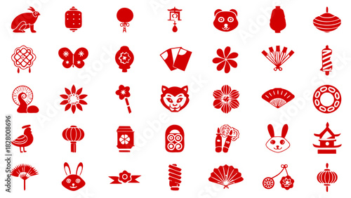 Chinese New Year icon set, red festival, holidays vector symbol collection