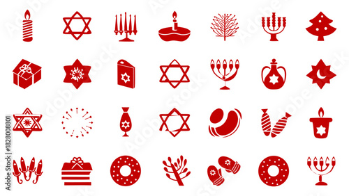 Hanukkah-themed icon set, red festival, holidays vector symbol collection