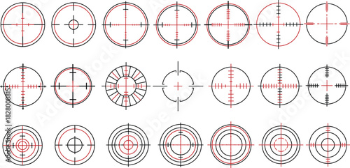 Large Vector Set of Detailed Crosshairs, Target Sights, and Sniper Scope Reticles, Ideal for Representing Aim, Accuracy, Shooting Games, Military, Hunting, and Precision Technology