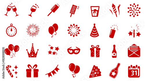 New Year Celebration icon set, red festival, holidays vector symbol collection