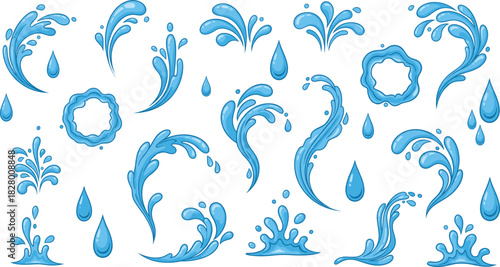 Large Vector Set of Blue Water Splashes, Swirls, Bubbles, and Droplets in Various Dynamic Shapes, Ideal for Representing Purity, Refreshment, Cleaning, Aqua Graphics, and Liquid Elements