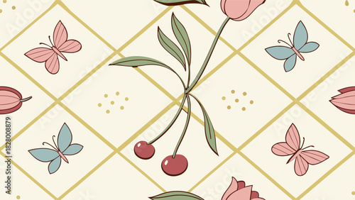 Seamless cute french floral and butterfly pattern. Ideal for kids' fabrics, wrapping paper, wallpapers, scrapbooking, and romantic vintage design.