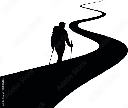Silhouette of a lone hiker walking on a winding path towards a distant horizon