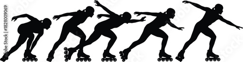 Black silhouette sequence of a speed inline skater or rollerblader in motion, showing athletic woman in racing uniform accelerating, isolated vector illustration of professional sports and fitness.