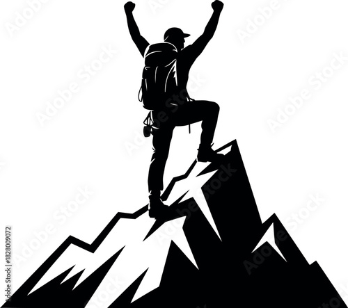 Silhouette of a triumphant hiker celebrating on a mountain peak