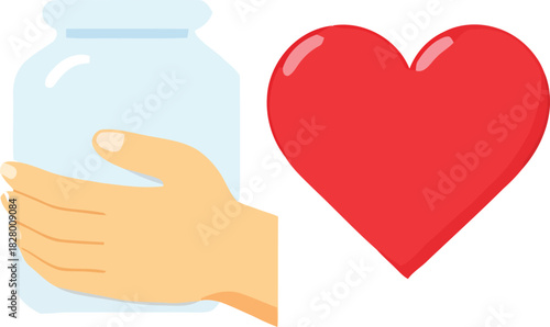 Hand holding an empty clear glass jar alongside a vibrant red heart, symbolizing donation, charity, care, generosity, love. Vector