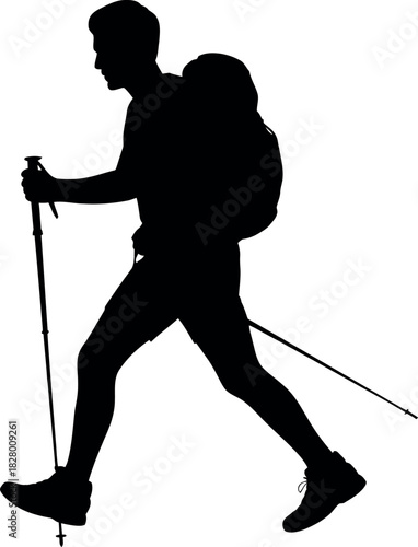 Silhouette of a hiker with a backpack and trekking poles on a white background