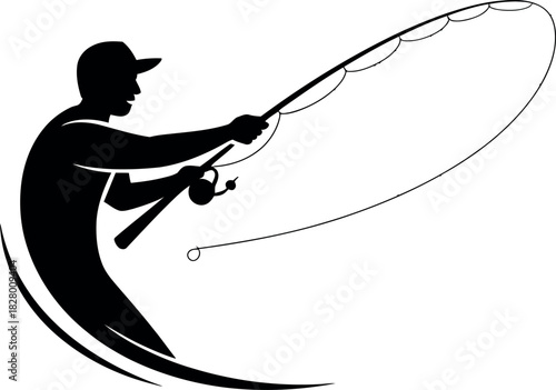 Silhouette of a fisherman casting a fishing rod with dynamic motion lines