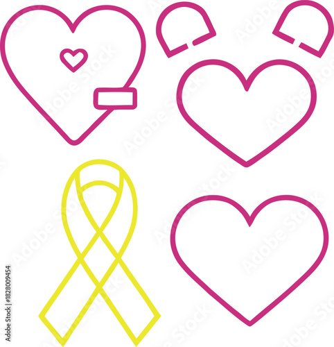 Set of diverse heart and awareness ribbon icons representing social media interactions, love, support, compassion and digital health Vector