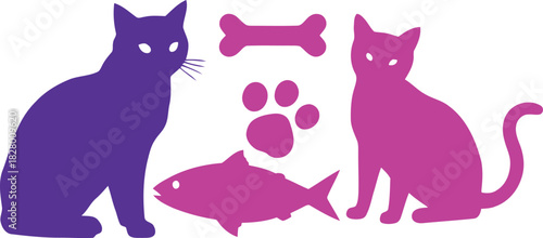 Purple and pink cat silhouettes with pet essentials like fish, paw print, and bone for animal care and veterinary designs. Vector