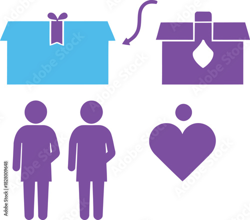 Concept of gift exchange, giving and receiving presents, donations, or social contributions, with people and heart icons Vector