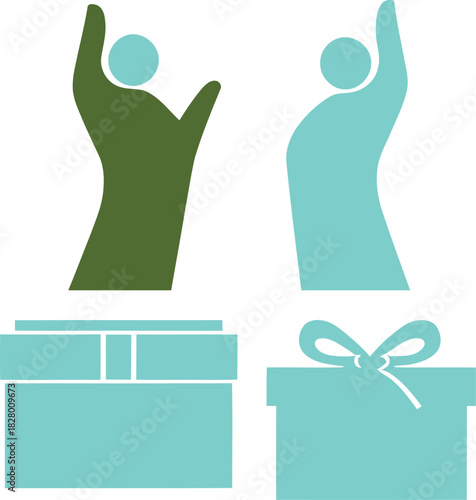 Abstract figures celebrating success and generosity with colorful gift boxes, representing teamwork, community, and reward. Vector