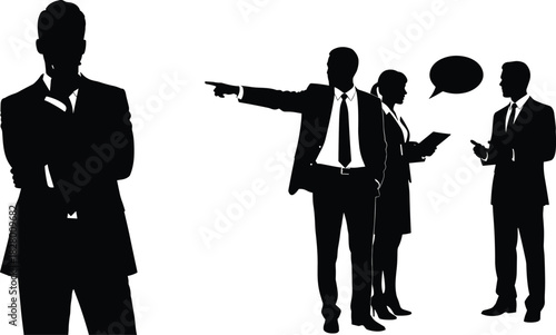 Black silhouette set of business people in suits, including a confident leader with crossed arms and a group discussing or directing work, isolated vector illustration of corporate teamwork 