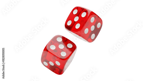 Two red dice tumbling in the air on a black background