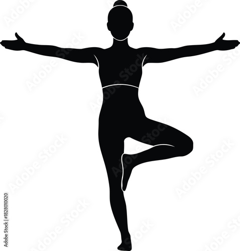 Woman silhouette doing yoga tree pose for balance and wellness.