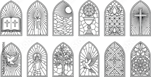 Black Outline Vector Set of Religious Stained Glass Window Icons, Featuring Bible, Cross, Candle, Chalice, Dove, Praying Hands, Tree of Life, and Floral Geometric Patterns