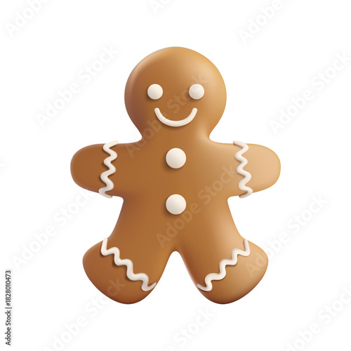 3D gingerbread man, festive Christmas cookie white icing. Realistic food render, holiday sweet winter baking. Cute character, smile face. Traditional dessert decoration. New year gift, candy ornament