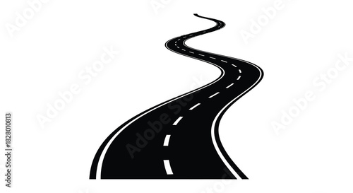 Winding road illustration with dashed lines and perspective silhouette