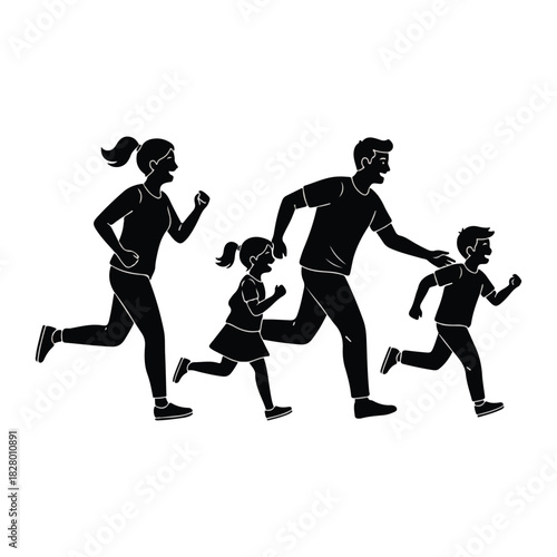 Family running together outdoors enjoying an active healthy lifestyle, parents and children exercising, sport and fitness activity, joy, bonding.