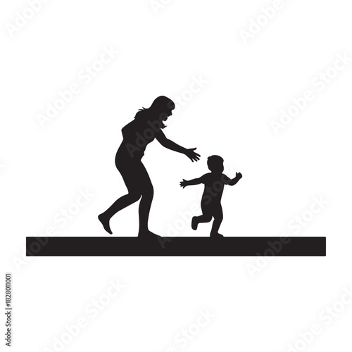 Mother reaching out to her toddler son, taking first steps, a silhouette illustration of family love, care, and support for growth and development.