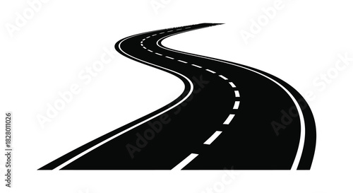 Winding road with dashed lines on asphalt silhouette