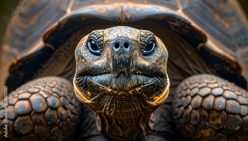 Close-up portrait of a tortoise with detailed skin, a large shell, and dark eyes staring directly at the viewer