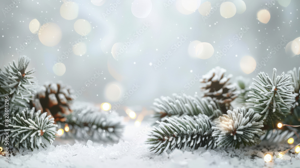 Fototapeta premium Festive Winter Background with Snow Covered Pine Branches and Lights