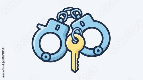 Conceptual illustration of an open handcuff with a key hanging, a symbol of freedom and release from imprisonment or restriction metaphor