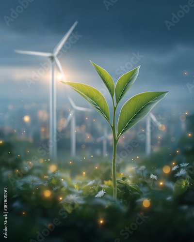 Growth in the wind's embrace: a solitary sprout, a beacon of hope against a backdrop of wind turbines and a glimmering city, represents the vibrant future of sustainability. 