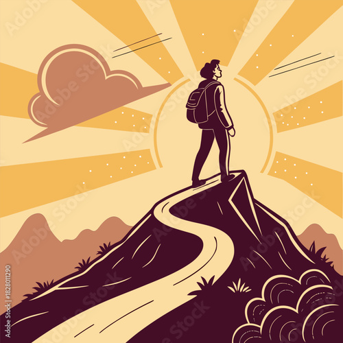 Stylized Hiker or Man on Mountain Peak with Sun Rays and Backpack Concept Illustration