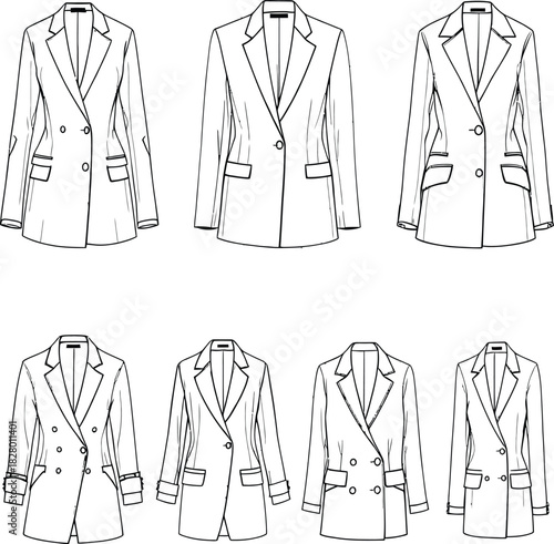 Women’s Blazer Silhouette Vector Featuring Six Tailored Designs with Unique Lapels, Buttons, and Pocket Styles