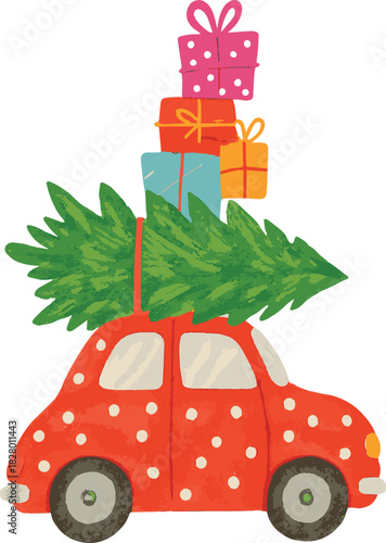Red Polka Dot Car with Tree and Gifts