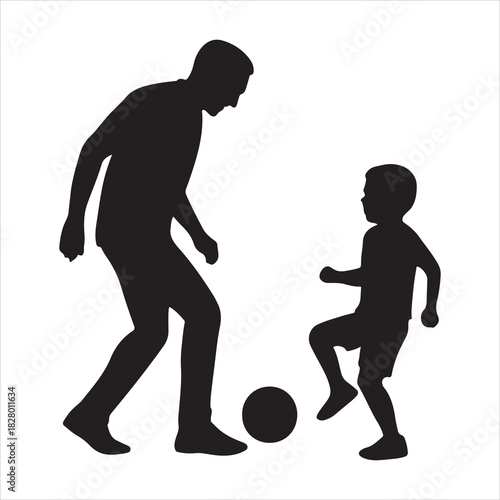 Silhouette of father and son playing soccer, an adult male teaching a young boy football, symbolizing family bonding and active childhood fun
