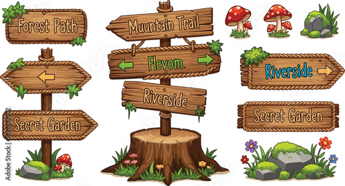 Fantasy cartoon wooden signposts and direction arrows set, rustic weathered wood planks with rope, moss, and colorful nature elements, isolated vector collection for game design and fairytale maps.
