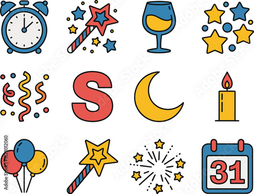 Festive Celebration Icons New Year's Eve and Party Elements in Flat Design