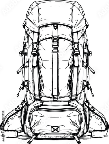 Camping Backpack Silhouette Vector Featuring Multi-Strap Outdoor Gear with Pockets, Buckles, and Flap in Line Style