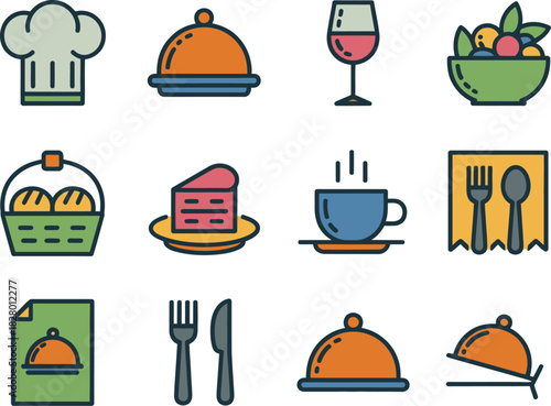 A collection of flat design icons representing food, drinks, and restaurant services, including chef hats, dishes, wine glasses, and baked goods