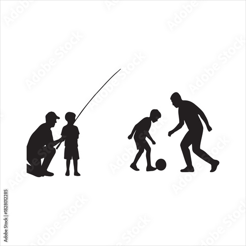 Silhouette of father and son fishing together and playing soccer, illustrating childhood recreation, family bonding, and mentorship in outdoor activities