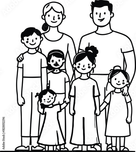 Family Silhouette Vector Featuring Seven Smiling Members in Group Pose Representing Unity and Generational Bond