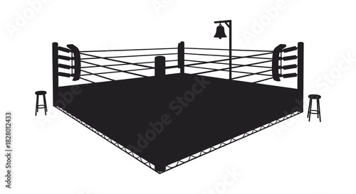 Boxing ring silhouette with stools and bell for sports competitions silhouette