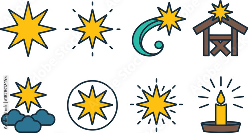Vibrant vector icon set featuring stylized shining stars, a shooting comet, a nativity stable, and a radiant candle, ideal for festive and celestial graphic design projects