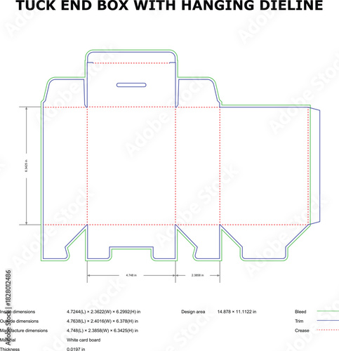 Tuck End Box with Hanging Hook Packaging Dieline Template with Bleed, Trim & Crease