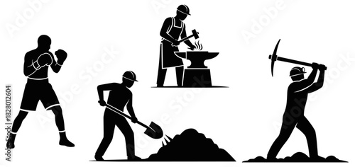 Black silhouette icon set of manual professions including boxer, blacksmith, construction worker, and miner in action poses